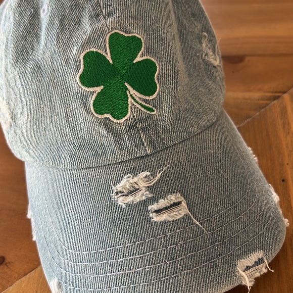 Claire's Lucky Clover Distressed Denim Baseball Hat - Picture 2 of 7